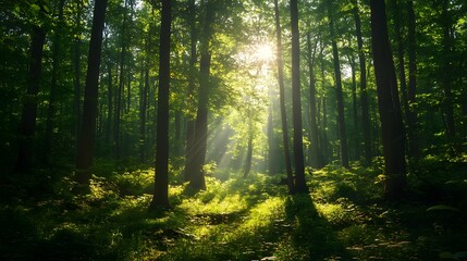 Obraz premium sunlight filters through the trees, creating a serene forest scene