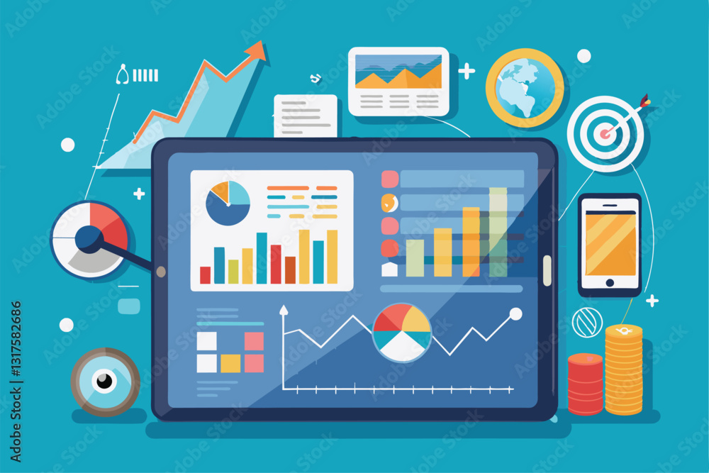 Poster a tablet shows various graphs and charts representing business analysis trends and data visualizatio