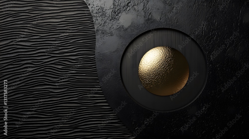Poster an elegant abstract composition featuring a gold orb, with detailed textured patterns in a minimalis