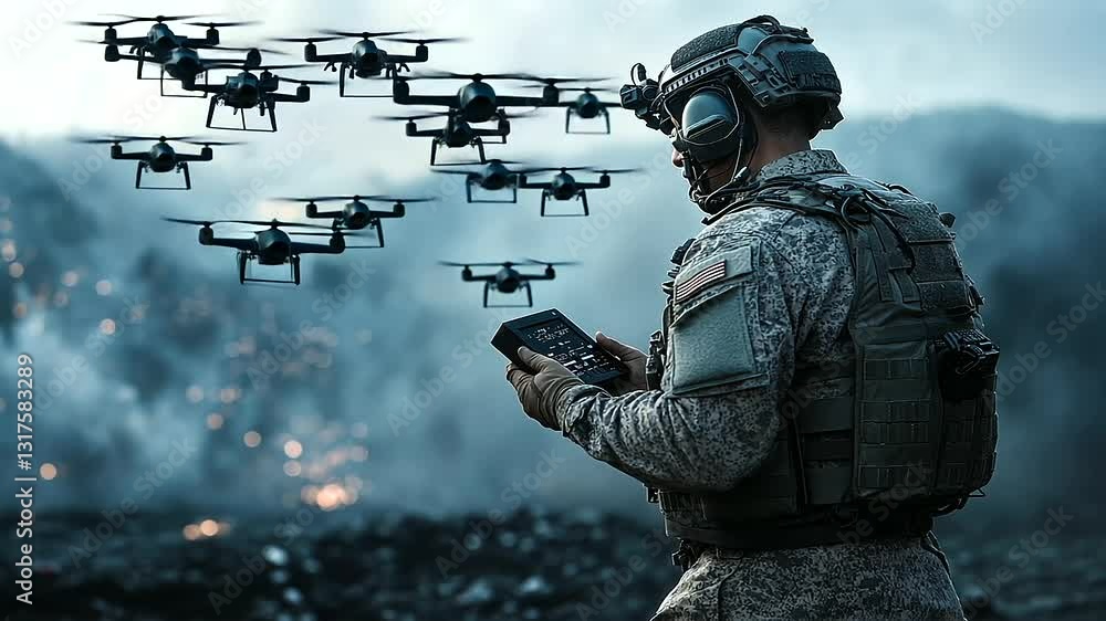Poster a soldier engages in combat with a handheld drone controller, launching a swarm of drones to provide