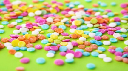 Multicolored candy dots scattered on a bright green surface