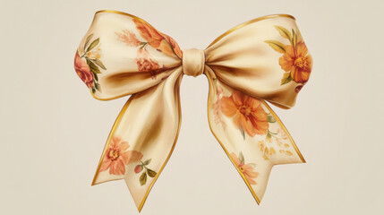 A hand-painted satin ribbon bow with gentle floral patterns, featuring a soft, flowing texture and refined golden edges