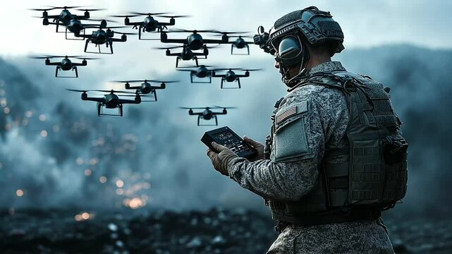 A soldier engages in combat with a handheld drone controller, launching a swarm of drones to provide aerial support on the battlefield.