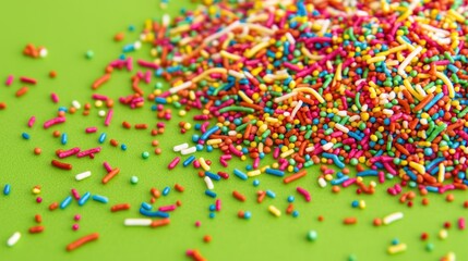 Colorful sugary sprinkles scattered on a green surface, creating a vibrant texture