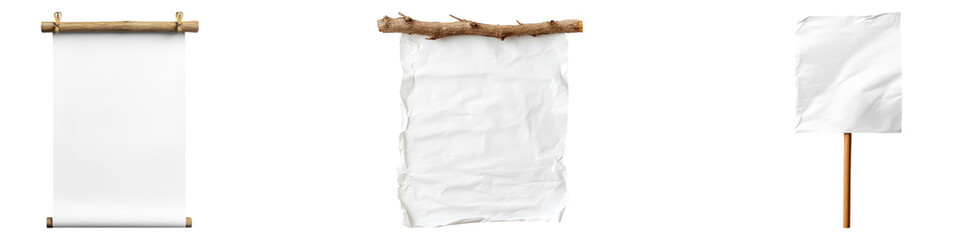 White paper sheet on a wooden stick isolated on transparent background. PNG, Set of