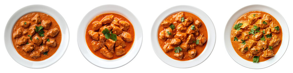 White plate of butter chicken curry isolated on transparent background. PNG, Set of