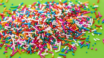 Fototapeta premium Heap of bright sprinkles red, white, blue, yellow, orange on a green background