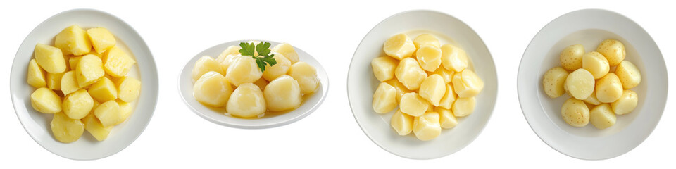 White plate of peeled boiled potato isolated on transparent background. PNG, Set of