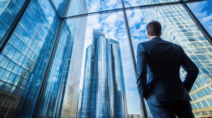 Fototapeta premium Contemplative businessman standing near big window looking out at city, thoughtful entrepreneur building future plans, thinking over ways to overcome business problems, pass through crisis, back view