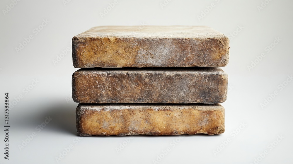 Poster three stacked rustic cheese blocks showcasing texture and color against a neutral background