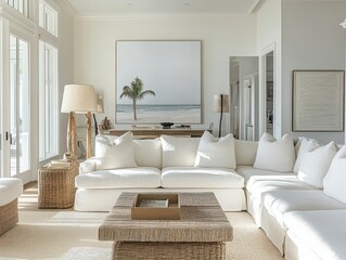 A well lit living room with coastal and minimalist decoration