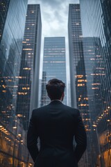 Fototapeta premium Rear view of serious businessman looking at copy space while standing against glass skyscraper, young professional worker waiting for international partners outdoors near large company