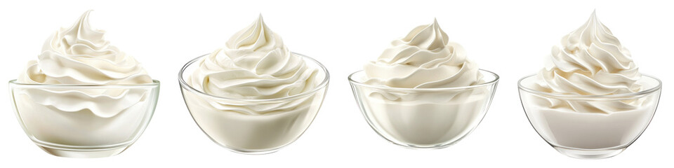 White whipped cream in a glass bowl isolated on transparent background. PNG, Set of