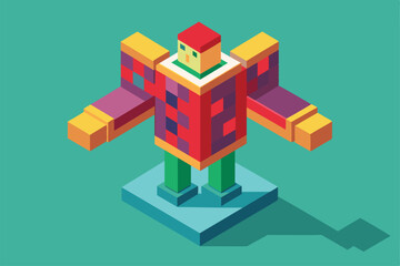 Fototapeta premium A uniquely designed isometric character showcases a shrugging pose with vibrant colors and geometric details, Shrug Customizable Isometric Illustration