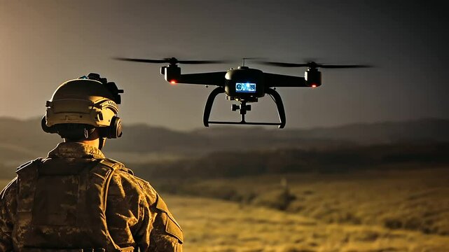 An aerial drone with infrared sensors assists a soldier in spotting hidden enemy positions during a night-time operation.