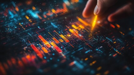 Fingertip interacts vibrant digital data stream