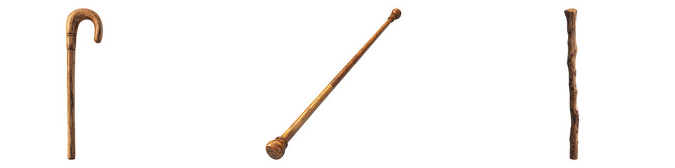 Wooden walking stick cane isolated on transparent background. PNG, Set of