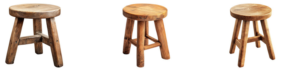 Wooden stool isolated on transparent background. PNG, Set of
