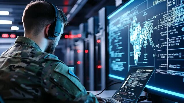 A soldier uses a cyber-defense system to protect military assets, intercepting hostile attempts to hack sensitive data.