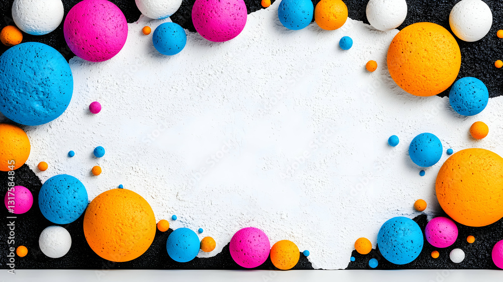 Poster colorful spheres arranged on a textured white background creating a frame around a blank space