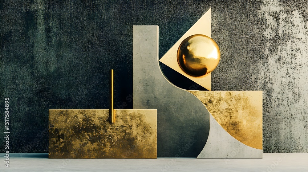 Poster an abstract composition of geometric shapes in gold and grey. the shapes include spheres, rectangles