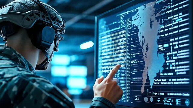 A soldier uses a cyber-defense system to protect military assets, intercepting hostile attempts to hack sensitive data.