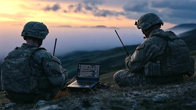 A team of soldiers utilizes portable satellite uplinks to maintain secure communication channels in remote regions during deployment.