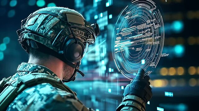 A soldier interacts with an AI-powered system, analyzing battlefield conditions and receiving predictive recommendations for tactical decisions.