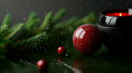 Decorative holiday elements with a lit candle and falling snow