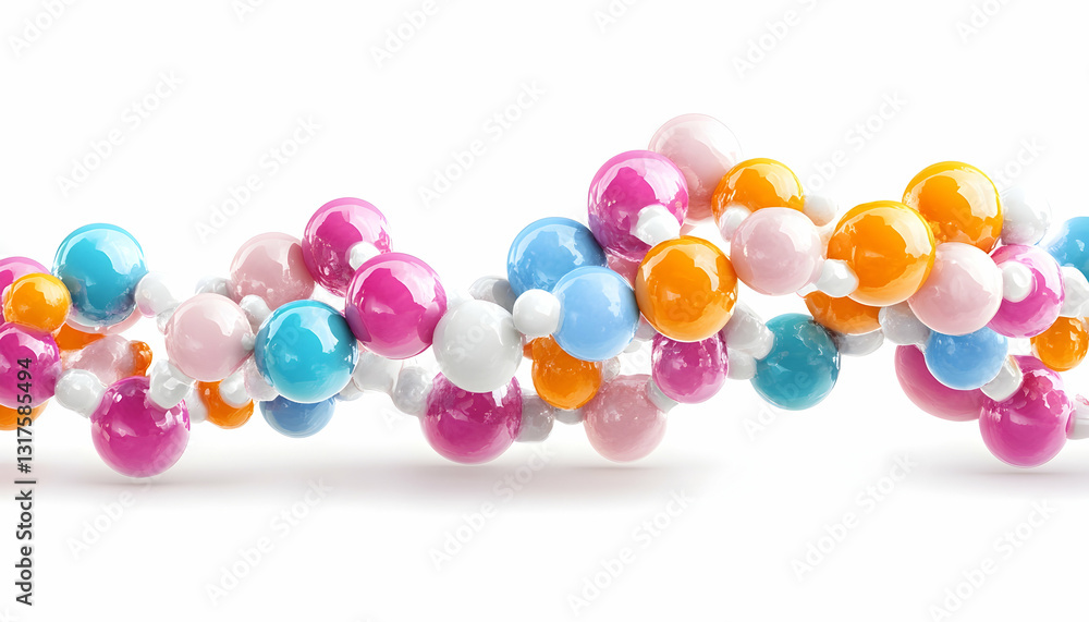 Poster colorful spheres interconnected forming a dynamic flowing strand abstract 3d render