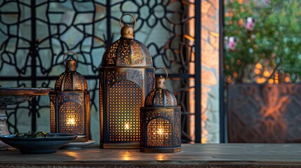 Golden Ramadan lanterns Intricate metal lanterns glowing softly on a carved wooden table 