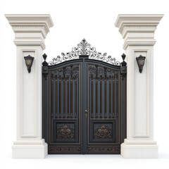 Obraz premium A symmetrical view of an ornate black metal gate between two white pillars