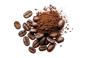 Coffee beans and grounds, overhead view, dark background