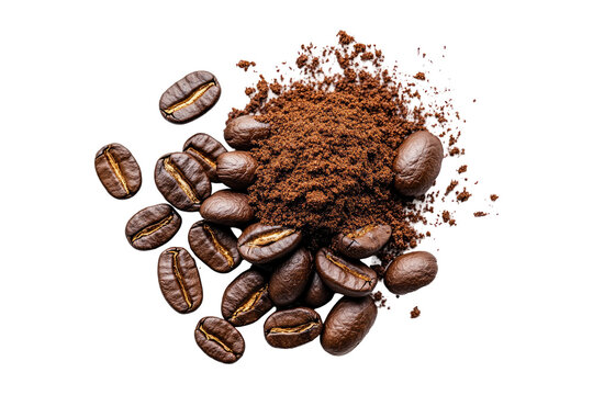 Coffee beans and grounds, overhead view, dark background