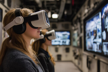 Students wearing virtual reality headsets and experiencing immersive learning in modern classroom