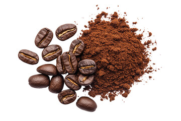 Coffee beans and grounds, overhead view, dark background, product display