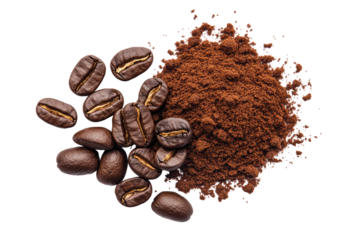Coffee beans and grounds, overhead view, dark background, product display