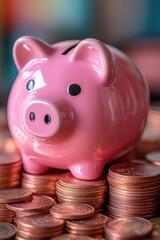 Pink piggy bank atop copper coin stacks, savings concept.