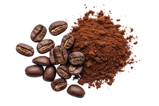 Coffee beans and grounds, overhead view, dark background, product display