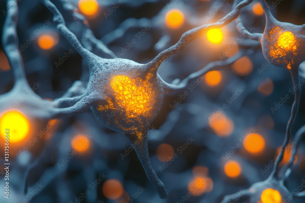 Poster complex network of interconnected neurons sending electrical signals, simulating biological brain ac