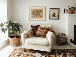 A cozy interior scene featuring an armchair with decorative elements