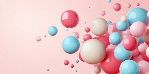 Pastel spheres floating on pink background.