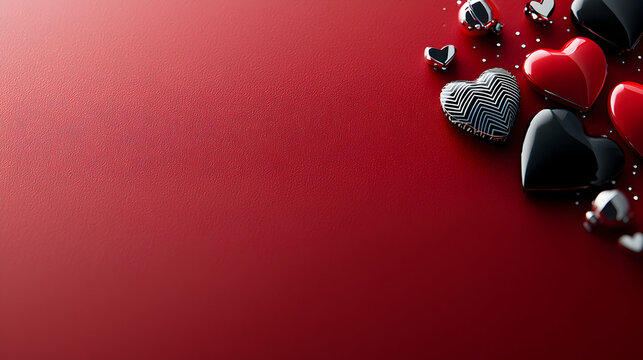 Decorative hearts rest on a vibrant red textured surface