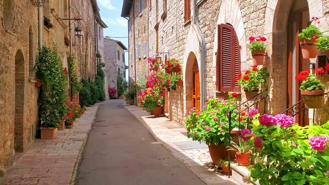 Charming flower filled street in the Old Town of Assisi, Umbria, Italy. Slow upward panning motion.
