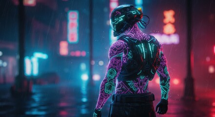 Futuristic Cyberpunk Warrior with Neon Tattoos