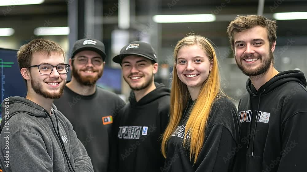 Poster a dynamic team of electrical students, surrounded by circuits and digital screens, proudly poses in 
