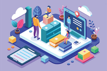 Obraz premium A vibrant isometric illustration depicting individuals collaborating in a creative workspace filled with tasks, Sign up Customizable Isometric Illustration