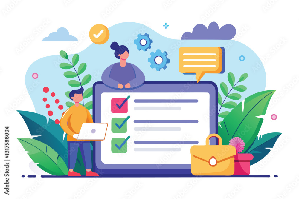 Poster a vibrant workspace featuring a customizable sign-up interface along with checklist items and staff,