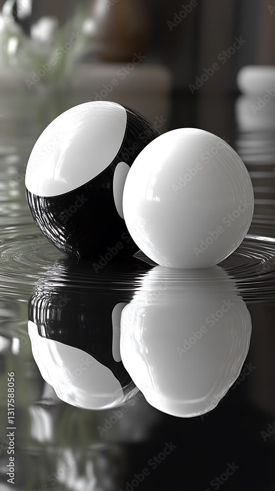 Poster two glossy spherical objects floating on reflecting water