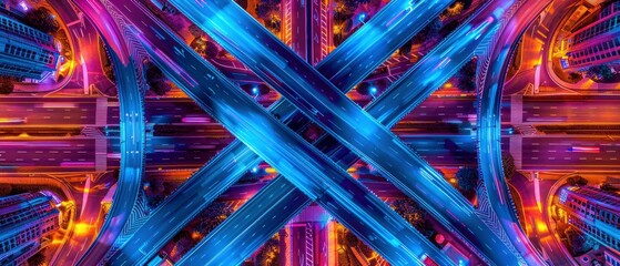 Aerial view of a vibrant urban highway interchange illuminated at night with colorful lights